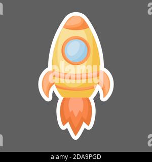 Helle Cartoon gelbe Rakete mit Feuer Spur ins All für die Gestaltung von Notebook, Karten, Einladung gestartet. Niedliche Sticker-Vorlage mit carto verziert Stock Vektor