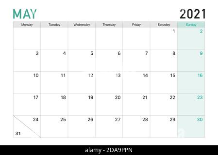 2021 Mai Illustration Vektor Schreibtisch Kalenderwochen beginnen am Montag In hellgrün und weiß Thema Stock Vektor