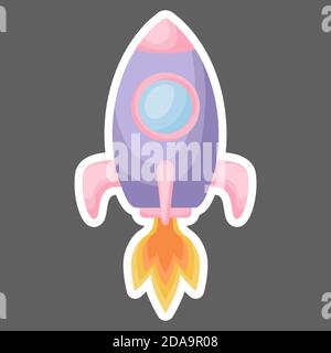 Helle Cartoon lila-rosa Rakete mit Feuer Spur ins All für die Gestaltung von Notebook, Karten, Einladung gestartet. Niedliche Sticker-Vorlage mit dekoriert Stock Vektor