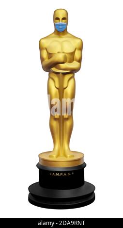 Goldene Oscar-Statue trägt eine blaue Gesichtsmaske symbolisch für die Covid-19 oder Coronavirus Pandemie isoliert auf weißen, farbigen Vektor-Illustration Stockfoto