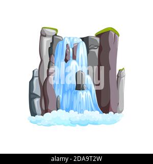 Wasserfall Kaskade in den Bergen. Wasserfall Vorderansicht isoliert in weißem Hintergrund. Vektorgrafik im Cartoon-Stil Stock Vektor
