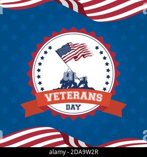 Happy Veterans Tag Feier Karte mit Soldaten heben usa Flagge In Seal Vektor Illustration Design Stock Vektor