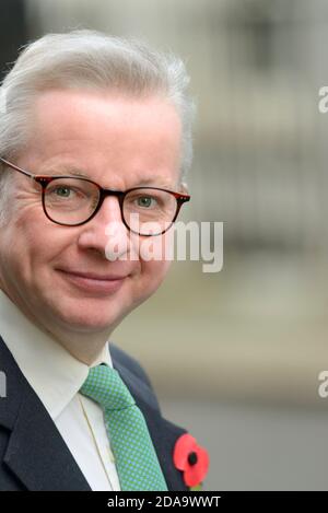 Michael Gove MP (Con: Surrey Heath - Minister für das Kabinettbüro) verlässt eine Kabinettssitzung in Downing Street, 10. November 2020 Stockfoto