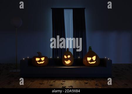 3d-Rendering von gruseligen Jack-o-Laternen sitzen auf dem Sofa in Das dunkle Wohnzimmer Stockfoto