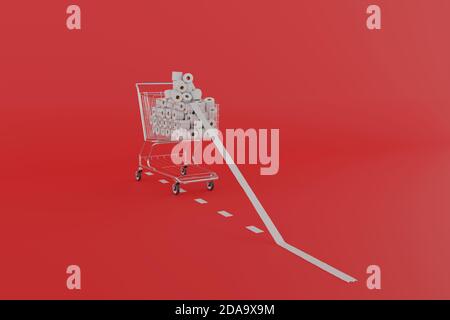 3d-Rendering von Shopping-Trolley mit Toilettenrollen auf rotem Hintergrund gefüllt. Konzept Panikkauf Stockfoto