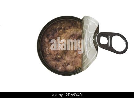 Draufsicht auf eine offene Dose Thunfisch Isoliert auf weißem Hintergrund Stockfoto