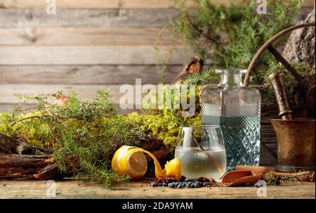 Gin Tonic Cocktail mit Eis und einem Zweig Rosmarin. Wacholderbeeren, Anis und Koriander sind auf einem Holztisch verstreut. Im Hintergrund alter Baum Stockfoto