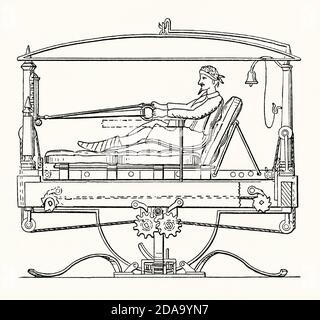 Eine alte Gravur von Übungsgeräten. Es ist aus einem viktorianischen Maschinenbaubuch der 1880er Jahre. Das abgebildete Beispiel zeigt einen bettlägerigen Mann auf einem speziellen Bettenmechanismus. Es verwendet ein federgewichtetes Seilrollensystem, ähnlich einem modernen Rudergerät, bei dem der Mann seine Arme benutzt, um den Körper beweglich zu halten und die Beinmuskulatur während der Rehabilitation zu biegen und zu verlängern – sein linkes Bein ist in Gips. Die Matratze bewegt sich vor und zurück und das ganze Bett rockt in seiner Mitte. Stockfoto