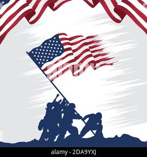 Happy Veterans Tag Feier Karte mit Soldaten heben usa Flagge vektorgrafik Design Stock Vektor