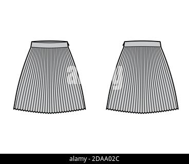 Rock Sunray Plite technische Mode Illustration mit unter-dem-Knie-Länge Silhouette, kreisförmige Fülle. Flach unten Schablone vorne, hinten, grau Farbe Stil. Frauen, Männer, Unisex CAD Mockup Stock Vektor