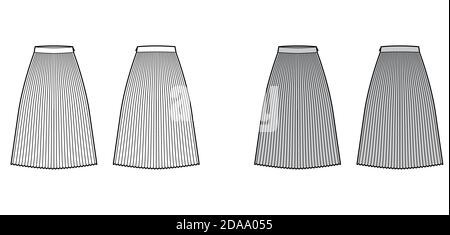 Rock Sunray Falte technische Mode Illustration mit unter-dem-Knie Midi Länge Silhouette, kreisförmige Fülle. Flacher Boden Schablone vorne, hinten, weiß grau Farbe Stil. Frauen, Männer, Unisex CAD Mockup Stock Vektor