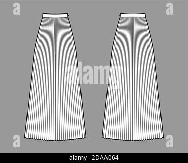 Rock Sunray Falte Maxi technische Mode Illustration mit Boden knöchellang Silhouette, kreisförmige Fülle. Flacher Boden Schablone vorne, hinten, weiße Farbe Stil. Frauen, Männer, Unisex CAD Mockup Stock Vektor