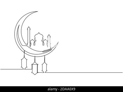 Ramadan Kareem Grußkarte, Poster und Banner Design Hintergrund. Eine kontinuierliche Linienzeichnung des islamischen Ornaments Masjid und Laterne Lampe hängend auf Stock Vektor