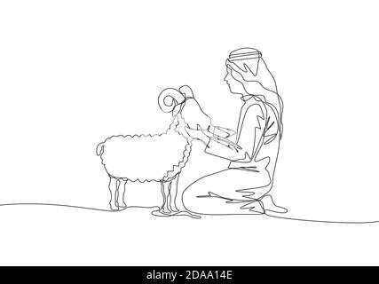 Eine einzige Linienzeichnung eines jungen muslims, der ein Schaf hält. Islamische Feiertag das Opfer eine Ziege oder ein Schaf, Eid al Adha Grußkarte Konzept kontinuierlich l Stock Vektor