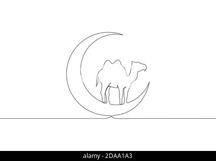 Eine kontinuierliche Linienzeichnung des Kameltieres auf dem Mond. Muslimischer Feiertag das Opfer ein Kamel, Eid al Adha Grußkarte Konzept einzeilige dra Stock Vektor