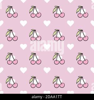 Niedliche rosa Kirschen und Herzen, hübsches Girly-Muster mit Früchten. Niedliches Muster, Kirschen und Herzen, Kirschvektor Stock Vektor