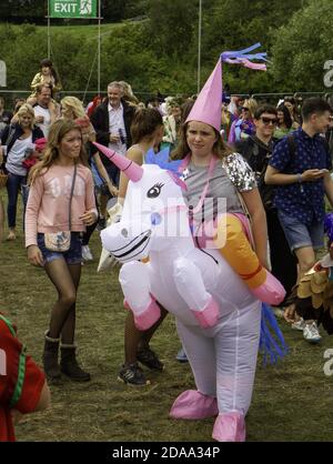 WARE, VEREINIGTES KÖNIGREICH - 29. Jul 2017: Ein Einhorn bei der Samstagsparade beim Standon Calling Festival Stockfoto