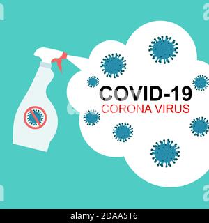 Flaschenspender mit Desinfektionsvorschlag zur Tötung von MERS-Cov, COVID-19, neuartiges Coronavirus, 2019-nCoV, Illustration Stockfoto