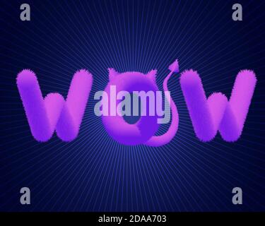 Wow, flauschiger Text, weiche Inschrift, flieder Text wow, Text mit Schwanz und Ohren, Vektorgrafik Stock Vektor