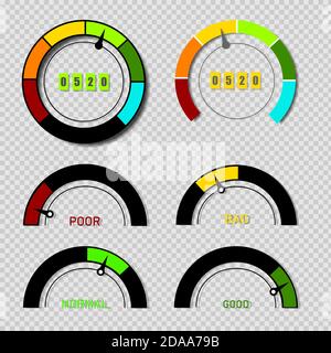 Scoring-Indikatoren. Tachometer für Waren, Anzeigen für Leistungsmesser. Satz von isolierten Vektorgrafiken auf transparentem Hintergrund. Stock Vektor