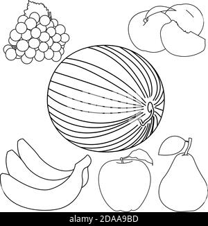 Süße Früchte. Banane, Wassermelone, Apfel, Traube, Pfirsich, Birne. Ganze und Stücke realistische Illustration Linie Vektor-Symbole gesetzt Stock Vektor