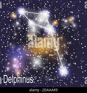 Delphinus Sternbild mit schönen hellen Sternen auf dem Hintergrund des Kosmischen Himmels Illustration. Stockfoto