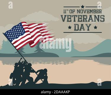 Happy Veterans Tag Feier Karte mit Soldaten heben usa Flagge In See Szene Vektor Illustration Design Stock Vektor