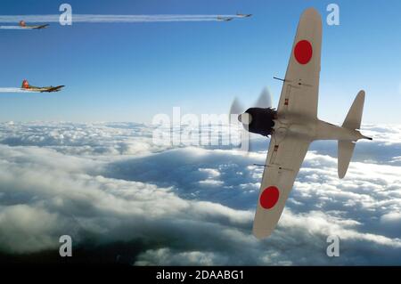 Weltkrieg zwei japanische A6M Zero Jagdflugzeug Szenario mit Plastikmodelle und Photoshop Stockfoto