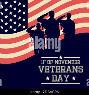 Happy Veterans Tag Feier Karte mit Soldaten saludating usa Flagge vektorgrafik Design Stock Vektor