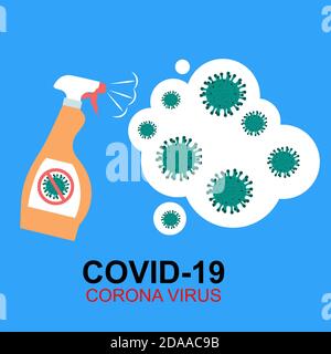 Flaschenspender mit Desinfektionsvorschlag zur Tötung von MERS-Cov, COVID-19, neuartiges Coronavirus, 2019-nCoV, Illustration Stockfoto