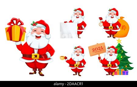 Stock Vektor fröhlich Weihnachtsmann, Satz von fünf Posen. Frohe Weihnachten und Frohes neues Jahr. Lächelnder Weihnachtsmann Zeichentrickfigur. Vektorgrafik Stock Vektor