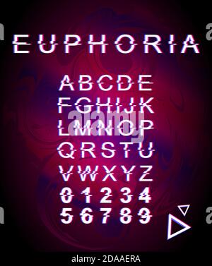 Schriftvorlage für Euphoria Glitch. Retro futuristischen Stil Vektor-Alphabet auf lila holographischen Hintergrund gesetzt. Großbuchstaben, Zahlen und Symbole Stock Vektor