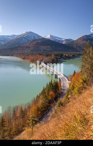 Geographie / Reisen, Deutschland, Bayern, Lenggries, herbstlicher Bergwald bis zur Brücke bei Sylvenstein, Additional-Rights-Clearance-Info-not-available Stockfoto