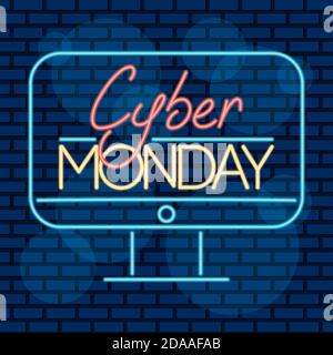 Cyber monday Neon-Label in Desktop-Vektor Illustration Design Stock Vektor