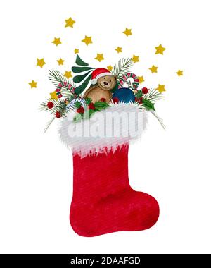 Festliche Weihnachtsstrumpf Dekoration, Aquarell Weihnachtsdekoration mit roten Weihnachtsstiefel und Weihnachtsgeschenke isoliert auf weißem, roten Weihnachtsmann Schuh Stockfoto