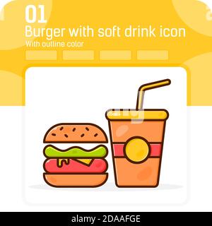 Burger mit Softdrink Premium-Symbol mit Umriss Farbstil isoliert auf weißem Hintergrund. Vektordarstellung Zeichen Symbol Pixel ausgerichtet Icon Konzept Stock Vektor