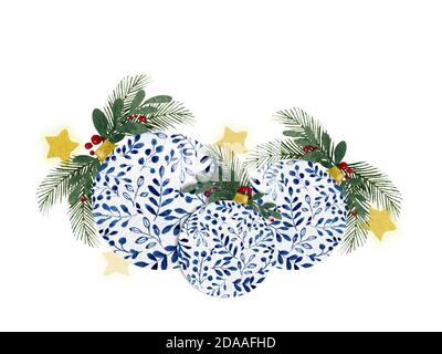 Festliche Weihnachtsdekoration mit handbemalten Weihnachtsbaum Ornamente isoliert auf weiß, Aquarell Weihnachten und Winterurlaub Dekoration für Karte Stockfoto