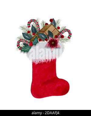Weihnachtsstrumpf mit Geschenken, Aquarell-Weihnachtsdekoration mit rotem Weihnachtsmann Stiefel und Weihnachtsgeschenke isoliert auf weißen, roten Weihnachtsmann Schuh Cartoon Stockfoto