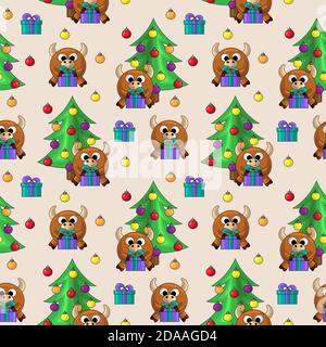 Nahtlose Vektor-Muster mit Stier, Weihnachtsbaum und Geschenk Stock Vektor