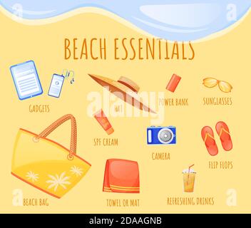 Strand Essentials flache Farbe Vektor informative Infografik Vorlage Stock Vektor
