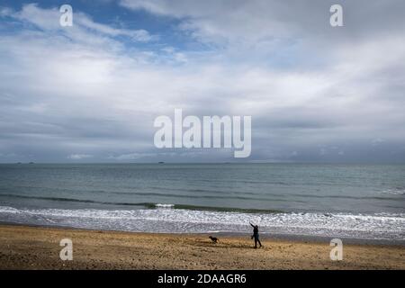 Mann, der seinen Hund auf Sandown Beach, Isle of Wight trainiert Stockfoto