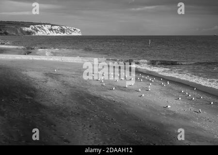 Sandown Strand außerhalb der Saison und Blick auf Culver Cliff, Insel Wight Stockfoto