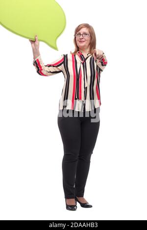 In vollem Wachstum. Glückliche Frau mit einer Textblase Stockfoto