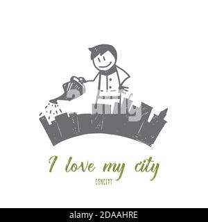 Hand gezogener Mann, der seine Stadt aus der Gießkanne pflegte Stock Vektor