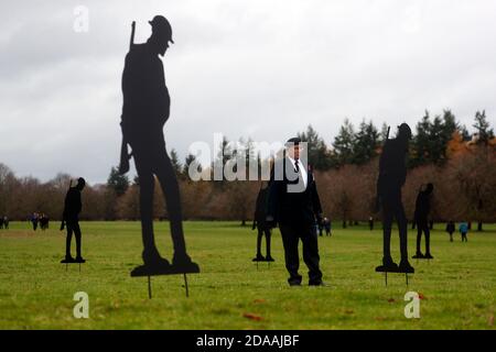 Bob Amis aus Oxfordshire, der beim 5. Bataillon der Royal Green Jackets diente, steht unter zweihundert Silhouetten von Soldaten, die der Witney-basierte Künstler Dan Barton in Blenheim Palace Gardens in Woodstock, Oxfordshire, geschaffen hat, um an die Kriegstoten am Waffenstillstandstag zu erinnern. Stockfoto