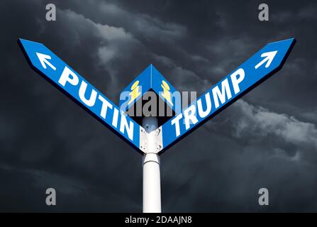 Konfrontation zwischen Russland und Amerika. Die Namen der Präsidenten Putin und Trump auf der Straße Zeichen auf dem Hintergrund eines stürmischen Himmels Stockfoto
