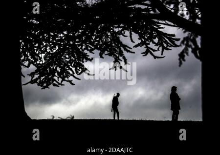 In Blenheim Palace Gardens in Woodstock, Oxfordshire, stehen Menschen unter zweihundert Silhouetten von Soldaten, die der Witney-Künstler Dan Barton geschaffen hat, um an die Kriegstoten am Waffenstillstandstag zu erinnern. Stockfoto