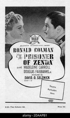 RONALD COLMAN und MADELEINE CARROLL in THE PRISONER OF ZENDA 1937 Regisseur JOHN CROMWELL Roman Anthony Hope Drehbuch John L. Balderston Musik Alfred Newman Kostüme Ernest Dryden Regie Lyle R. Wheeler Produzent David O. Selznick Selznick International Pictures / United Artists Stockfoto