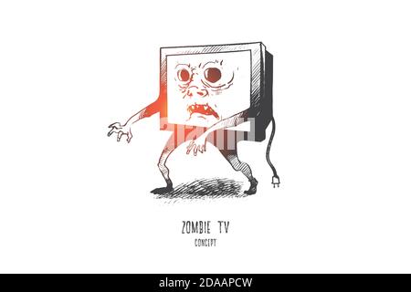 Zombie TV-Konzept. Von Hand gezeichneter isolierter Vektor. Stock Vektor