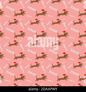 Neujahr und Weihnachten Nahtloses Muster mit Dackel in santa hut Stock Vektor